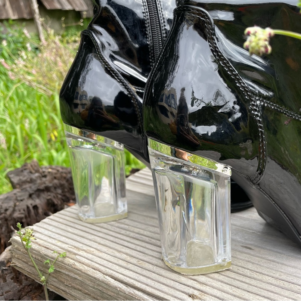 Black Vinyl Lucite Heel Boots - Picture 4 of 4